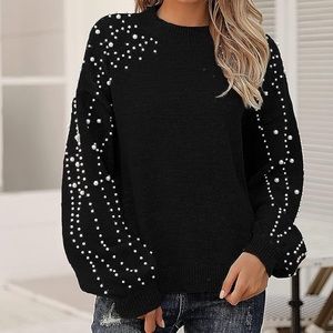 Oversized drop shoulder pearl embellished sweater